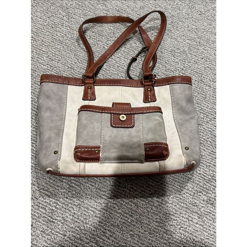 boc Grey and Cream Stripe Shoulder Tote with Brown Trim